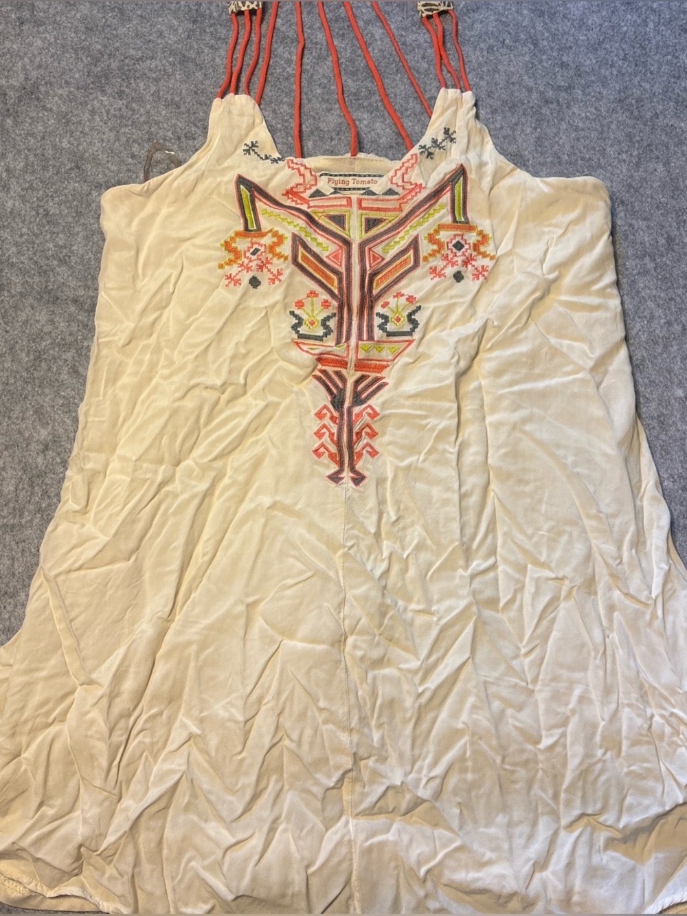 Flying Tomato Cream Embroidered Strappy Tank with Coral Accents